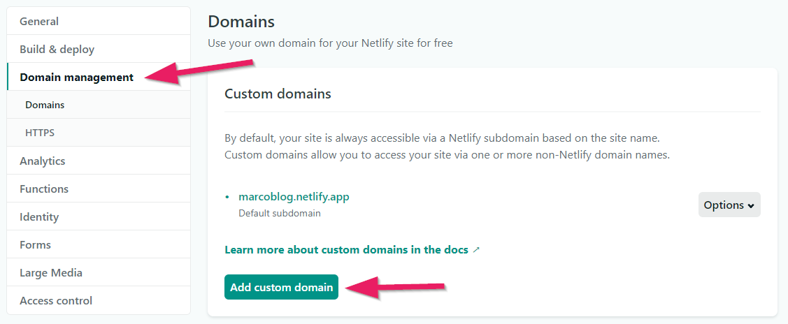 Netlify Domain Einstellungen.