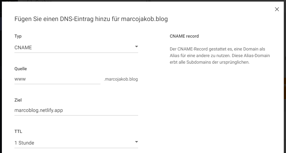 Unter Ziel den oben gemerkten CNAME-Eintrag einfügen. Beachte das www bei Quelle!